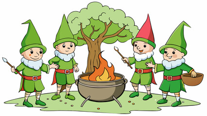Aufkleber - In the depths of the forest a group of elves gather around a bubbling cauldron. They stir the potion with a branch from a magical tree their pointed. Cartoon Vector.