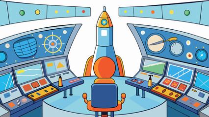 Fototapete - In the pit of the rocket ship the control panel was a labyrinth of buttons switches and screens. The pilots sat in hightech seats sped in tightly with. Cartoon Vector.