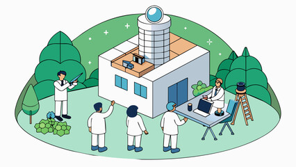 Poster - In the middle of a bustling city a small building sits atop a hill surrounded by trees. Inside several scientists huddle around computer screens. Cartoon Vector.