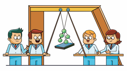 Poster - In the science classroom a wooden pendulum is set up with a heavy metal bob at the bottom. As the pendulum swings students observe its period or the. Cartoon Vector.