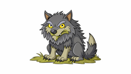 Poster - In the midst of the forest a wolflike creature rests on its haunches. Its thick matted fur is a mixture of dark browns and greys blending seamlessly. Cartoon Vector.