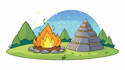 Fototapete - In the middle of a peaceful meadow a circle of smooth river rocks stacked in a pyramid shape holds a roaring fire. Sparks fly into the night sky and. Cartoon Vector.