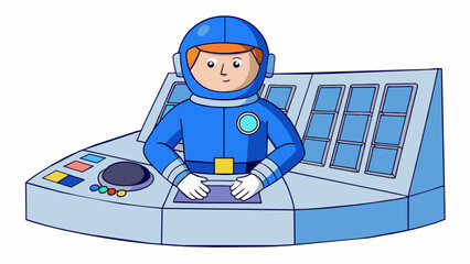 Fototapete - In the space station an astronaut sits at a control panel monitoring screens and buttons in front of them. They wear a formfitting blue jumpsuit with. Cartoon Vector.