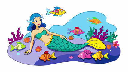 Poster - In the depths of the ocean a mermaid lounges on a bed of vibrant coral. As she sings a sweet melody schools of colorful fish swirl around her. Cartoon Vector.