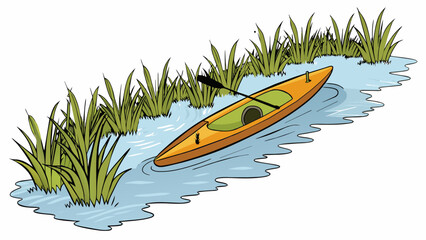 Aufkleber - On a misty morning a kayak meanders through a tranquil marshland. Its shallow draft and lightweight construction make it the perfect vessel for. Cartoon Vector.