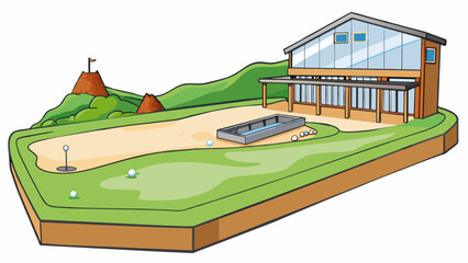 Poster - Nestled between rolling hills a driving range occupies a flat patch of land. The wind picks up carrying the sound of clinking golf clubs and thwacking. Cartoon Vector.