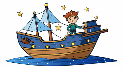 Poster - On a clear summer night a sky full of stars guides a ship safely through the dark ocean waters with the captain using the North Star as a reliable. Cartoon Vector.