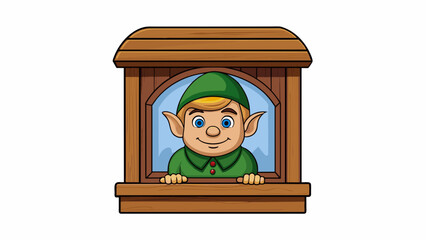 Aufkleber - On the windowsill of a cozy woodland cottage sits a small wooden carving of an elf. Delicate features and a mischievous grin give the figure a. Cartoon Vector.