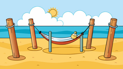Aufkleber - On a sunny beach a sy hammock made of durable ropes is set up between two wooden posts. The gentle breeze carries the sound of waves as someone takes. Cartoon Vector.
