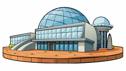 Poster - On the edge of a desert a large modern building with sleek lines and reflective surfaces rises from the sand. Inside advanced technology and powerful. Cartoon Vector.