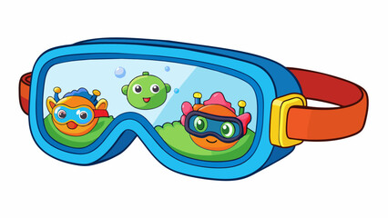 Poster - Next we have a pair of swim goggles specifically designed for children. They are brightly colored with fun cartoon characters on the sides. The lenses. Cartoon Vector.