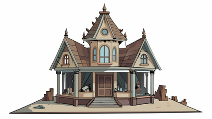 Poster - Nestled in the corner of a cluttered attic an old Victorian dollhouse stands untouched for decades. Its faded paint and cracked windows give it an. Cartoon Vector.