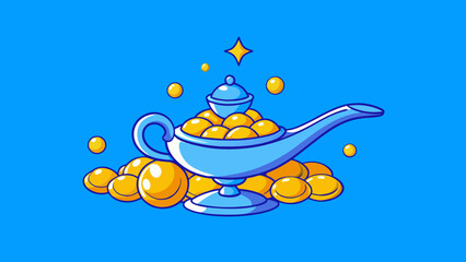 Fototapete - Nestled ast a pile of shiny baubles Genies lamp catches your attention with its unusual shape and deep lustrous blue color. With each rub sparks fly. Cartoon Vector.