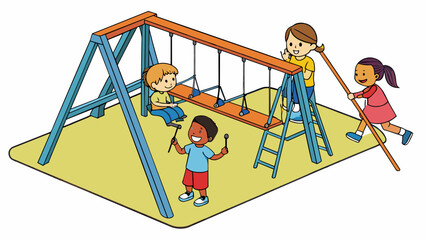Aufkleber - On a playground a group of children take turns pushing a swing set. As they pump their legs to gain more height they mimic the swinging motion of a. Cartoon Vector.