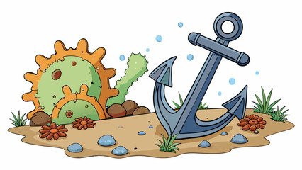 Poster - On the sandy shore a metal anchor sits tangled in seaweed with rust covering its sy chains. Nearby a cracked and dented lifeboat now camouflaged with. Cartoon Vector.