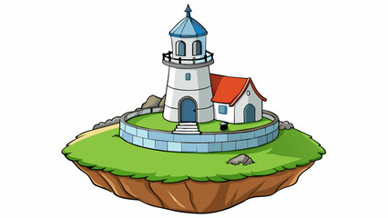 Poster - Perched atop a grassy cliff the lighthouse stood proudly with its white stone walls and pointed roof. A circular balcony encircled the top offering a. Cartoon Vector.