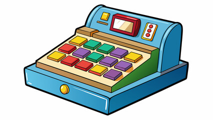 Poster - Play Cash Register A plastic box designed to look like a real cash register. It has buttons to input numbers and a drawer to store paper bills and. Cartoon Vector.