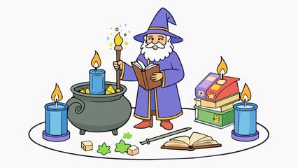 Poster - Standing amidst a circle of scented candles and ancient spell books this alchemist wizard diligently mixes mysterious ingredients in a bubbling. Cartoon Vector.