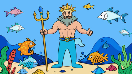 Poster - Standing on the sandy ocean floor Poseidon is surrounded by a diverse array of sea creatures all bowing in reverence to their god. His trident adorned. Cartoon Vector.