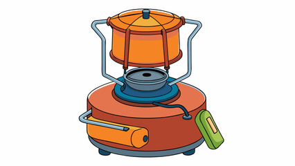 Poster - The backpacking stove is the ultimate tool for any outdoor cooking adventure. It has a sy base that keeps it steady on any surface even on rocky. Cartoon Vector.