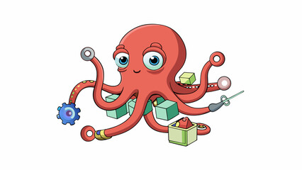Aufkleber - The curious and intelligent octopus using its sinewy arms to explore and manipulate objects in its environment displaying its problemsolving. Cartoon Vector.