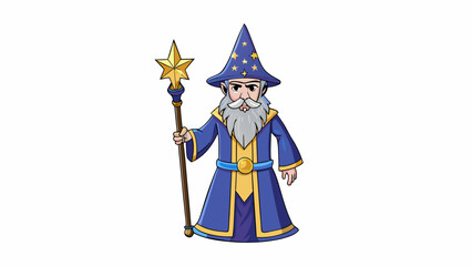 Wall Mural - Tall pointed hat with a shimmering star at the top long flowing robe with intricate golden patterns and a staff adorned with sparkling gemstones. This. Cartoon Vector.