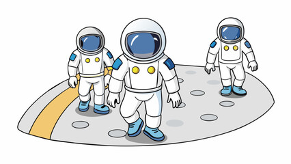 Aufkleber - The astronauts carefully stepped out of the lander their bulky white spacesuits contrasting against the dark void of space. Their boots left deep. Cartoon Vector.
