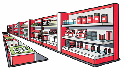 Poster - The beauty aisle at Target is lined with shelves containing an array of makeup skincare and haircare products. The shelves have clear labels and the. Cartoon Vector.