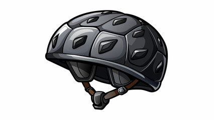 Poster - The glossy black exterior of the climbing helmet is covered in small rubber ridges providing a tough exterior for protection against rocks and debris.. Cartoon Vector.