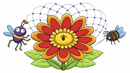 Poster - The garden was alive with the hum of bees and the flutter of butterflies but amidst all the activity sat a large dark spider perched atop a vibrantly. Cartoon Vector.