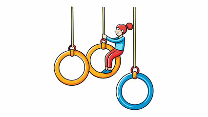 Aufkleber - The gymnastics rings are made of sy plastic and are carefully positioned at the end of a long rope that hangs from a tall beam. As the gymnast jumps. Cartoon Vector.