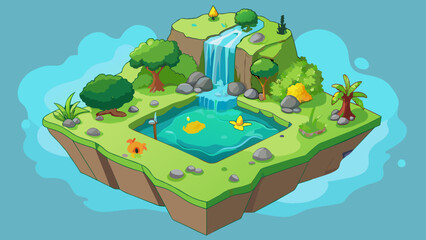 Poster - The islands interior is filled with hidden treasures including a secret waterfall hidden deep in the jungle. Mosscovered rocks and ancient trees. Cartoon Vector.
