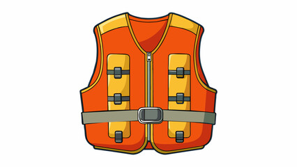Poster - The life jacket is designed with multiple pockets to store important items such as a whistle emergency flares or a small first aid kit. It also has a. Cartoon Vector.