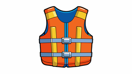 Sticker - The life jacket is equipped with adjustable ss and buckles to ensure a snug and secure fit for various body sizes. It also has a brightly colored. Cartoon Vector.