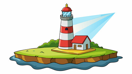 Aufkleber - The lone lighthouse stood stoically on a deserted island surrounded by a vast expanse of ocean. Its light beam flickered on and off signaling ships in. Cartoon Vector.