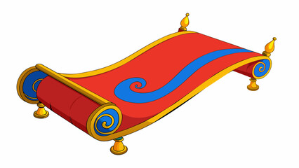 Fototapete - The magic carpet was a large plush rug with intricate swirling patterns in vibrant hues of red gold and blue. Its edges were lined with golden tassels. Cartoon Vector.