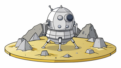 Sticker - The lunar lander stood proudly its silver exterior reflecting the harsh sunlight as it sat ast the rocky craters and valleys of the moons landscape.. Cartoon Vector.