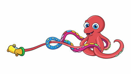 Poster - The octopus played a game of tugofwar with its toy pulling and stretching the rubbery colorful object with its powerful ers. Its eyes sparkled with a. Cartoon Vector.