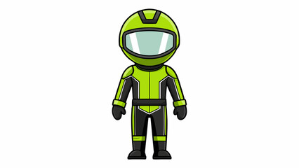 Aufkleber - The miniature driver is decked out in a neon green and black jumpsuit with a futuristic design. The suit has a high collar and is made of a. Cartoon Vector.