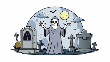 Poster - The old graveyard was shrouded in mist and the full moon cast an ominous glow on the headstones. Suddenly a figure appeared its body completely. Cartoon Vector.
