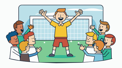 Poster - The sound of cheering fans echoes through the stadium as a player dribbles the ball down the field skillfully dodging the tackles of their opponents.. Cartoon Vector.