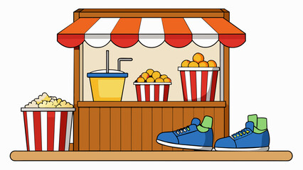 Fototapete - The smell of freshly polished wood and popcorn fills the air coming from a concession stand near the entrance. Behind the counter there are stacks of. Cartoon Vector.
