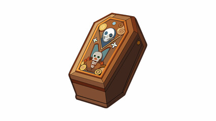Aufkleber - The small delicately crafted coffin sat in the corner waiting for its owner to return. The intricate carvings on the wooden lid depicted scenes of. Cartoon Vector.
