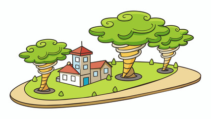 Poster - The tornados presence was a force to be reckoned with leaving behind a trail of uprooted trees and flattened buildings. The roar of the wind was. Cartoon Vector.