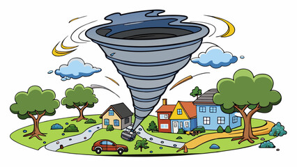 Poster - The tornados dark swirling funnel stretched down from the ominous storm clouds above creating a path of chaos and destruction. Trees were ripped from. Cartoon Vector.