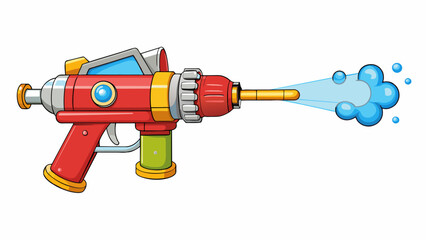 Poster - The water gun resembles a mini fire hydrant with a metal body and a large crank handle on top. Instead of water it shoots out a mist of fine bubbles. Cartoon Vector.