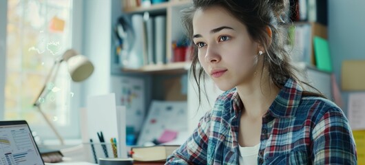 Wall Mural - Woman seated in front of a laptop computer, focused on the screen