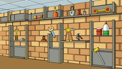 Poster - The walls were lined with shelves and hooks holding various tools and weapons further emphasizing the bunkers purpose as a safe haven in uncertain. Cartoon Vector.