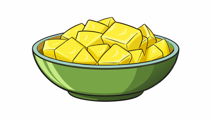Aufkleber - This illustration features a bowl filled with chunks of fresh pineapple. The fruits is a pale creamy yellow with a juicy and succulent texture. The. Cartoon Vector.
