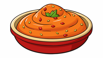 Poster - This hummus is a hearty rustcolored paste with a bold flavor of roasted red peppers. It is adorned with a sprinkle of zaatar seasoning and a handful. Cartoon Vector.